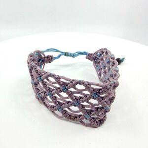 Vintage‎ Y2K Boho Purple Macrame Cuff Bracelet Blue Accents Adjustable Slide